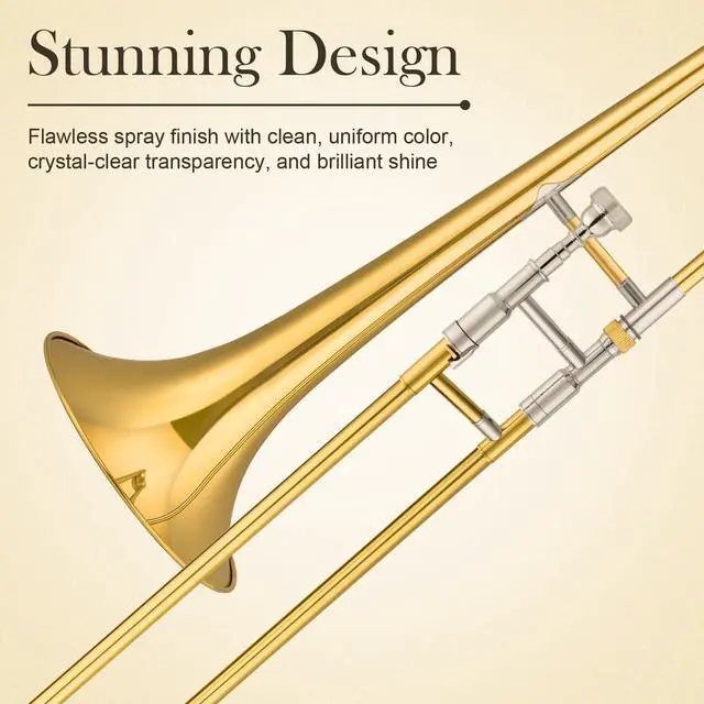 Alt view image 2 of 6 - Bb Alto Slide Trombone for Beginners Students - Gold Lacquer Brass Trombone Full Kit with 7C Mouthpiece, Hard Case, Gloves & Cleaning Kit QTB-01