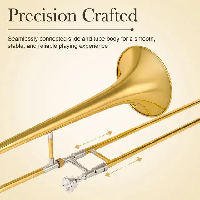 Alt view image 3 of 6 - Bb Alto Slide Trombone for Beginners Students - Gold Lacquer Brass Trombone Full Kit with 7C Mouthpiece, Hard Case, Gloves & Cleaning Kit QTB-01