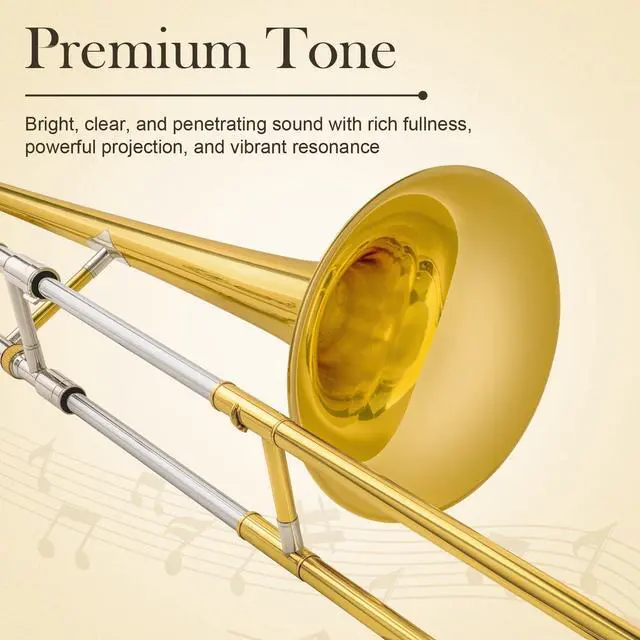 Alt view image 4 of 6 - Bb Alto Slide Trombone for Beginners Students - Gold Lacquer Brass Trombone Full Kit with 7C Mouthpiece, Hard Case, Gloves & Cleaning Kit QTB-01