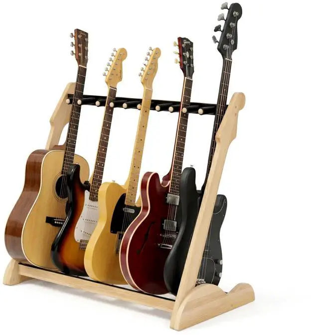 Main image of Bamboo Guitar Rack for Multiple Guitars, Adjustable Multi Guitar Stand Wood | Adjustable Dividers, Soft Padding, Large-Capacity Storage, Holds Acoustic, Electric, Bass Guitars, Cases and Gig Bags
