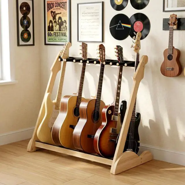 Alt view image 3 of 7 - Bamboo Guitar Rack for Multiple Guitars, Adjustable Multi Guitar Stand Wood | Adjustable Dividers, Soft Padding, Large-Capacity Storage, Holds Acoustic, Electric, Bass Guitars, Cases and Gig Bags