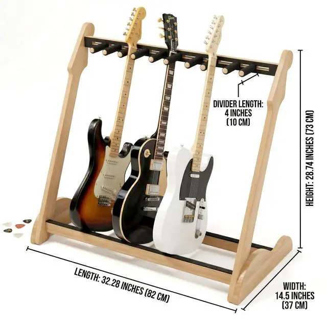 Alt view image 2 of 7 - Bamboo Guitar Rack for Multiple Guitars, Adjustable Multi Guitar Stand Wood | Adjustable Dividers, Soft Padding, Large-Capacity Storage, Holds Acoustic, Electric, Bass Guitars, Cases and Gig Bags