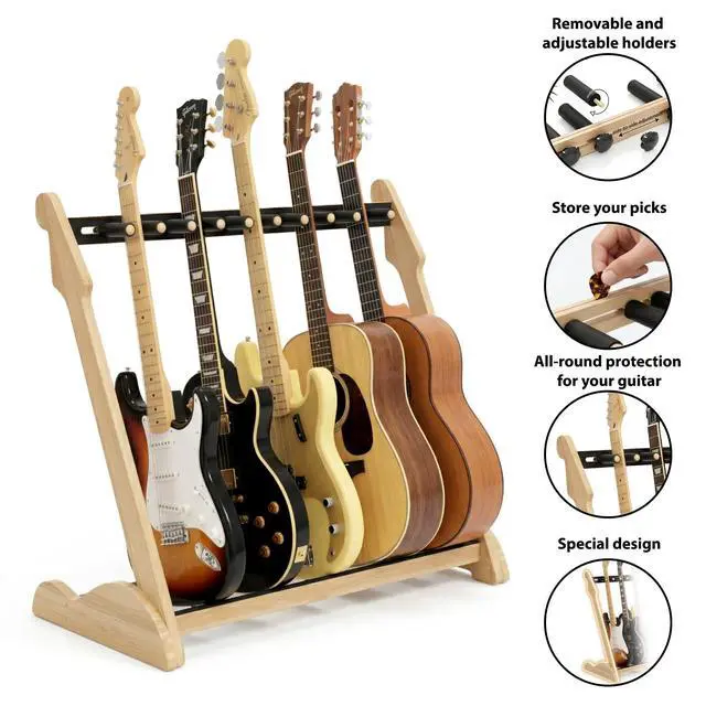 Alt view image 4 of 7 - Bamboo Guitar Rack for Multiple Guitars, Adjustable Multi Guitar Stand Wood | Adjustable Dividers, Soft Padding, Large-Capacity Storage, Holds Acoustic, Electric, Bass Guitars, Cases and Gig Bags