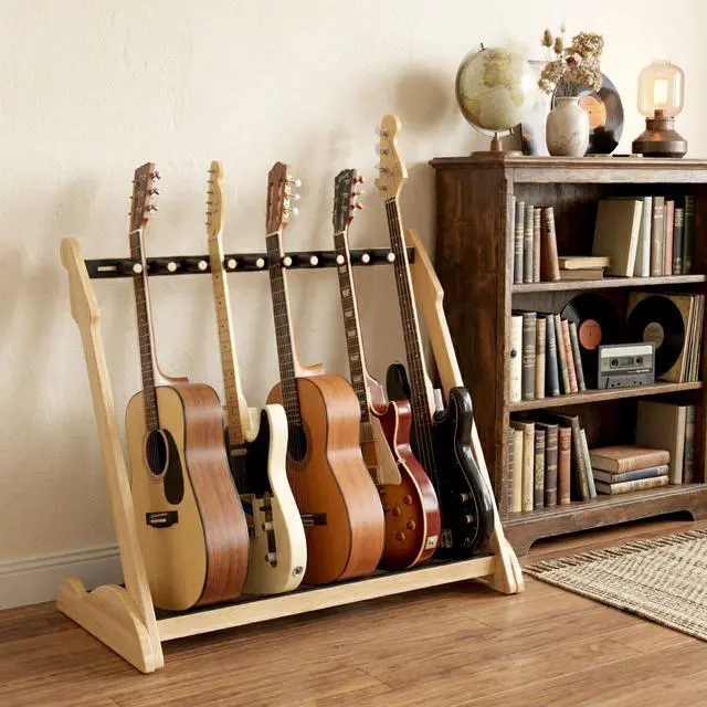 Alt view image 5 of 7 - Bamboo Guitar Rack for Multiple Guitars, Adjustable Multi Guitar Stand Wood | Adjustable Dividers, Soft Padding, Large-Capacity Storage, Holds Acoustic, Electric, Bass Guitars, Cases and Gig Bags
