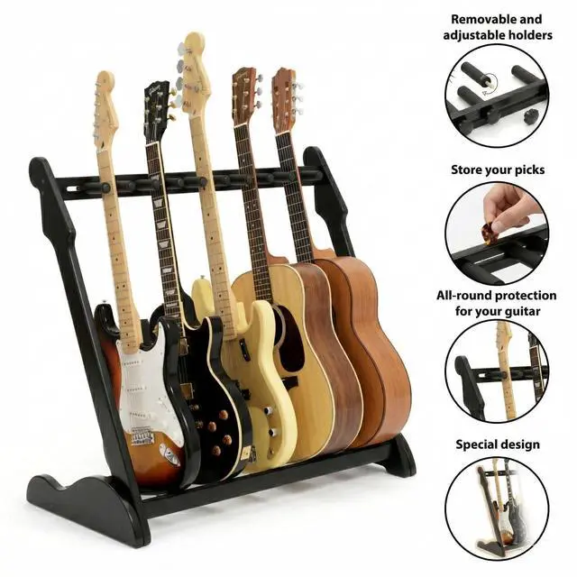 Alt view image 4 of 7 - Bamboo Guitar Rack for Multiple Guitars, Adjustable Multi Guitar Stand Wood | Adjustable Dividers, Soft Padding, Large-Capacity Storage, Holds Acoustic, Electric, Bass Guitars, Cases and Gig Bags