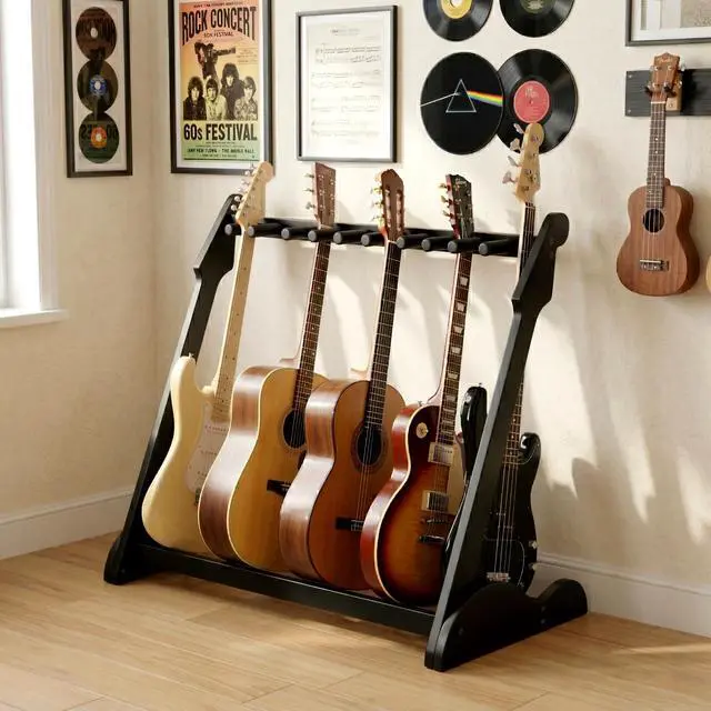 Alt view image 3 of 7 - Bamboo Guitar Rack for Multiple Guitars, Adjustable Multi Guitar Stand Wood | Adjustable Dividers, Soft Padding, Large-Capacity Storage, Holds Acoustic, Electric, Bass Guitars, Cases and Gig Bags