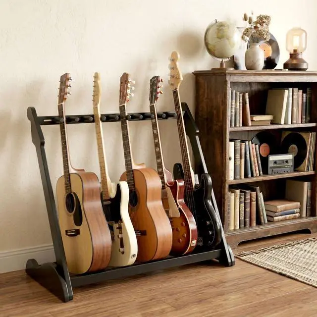Alt view image 5 of 7 - Bamboo Guitar Rack for Multiple Guitars, Adjustable Multi Guitar Stand Wood | Adjustable Dividers, Soft Padding, Large-Capacity Storage, Holds Acoustic, Electric, Bass Guitars, Cases and Gig Bags