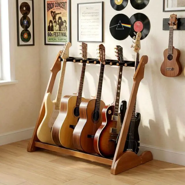 Alt view image 3 of 7 - Bamboo Guitar Rack for Multiple Guitars, Adjustable Multi Guitar Stand Wood | Adjustable Dividers, Soft Padding, Large-Capacity Storage, Holds Acoustic, Electric, Bass Guitars, Cases and Gig Bags