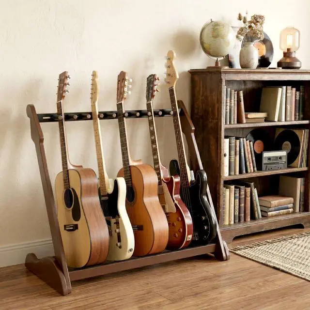 Alt view image 5 of 7 - Bamboo Guitar Rack for Multiple Guitars, Adjustable Multi Guitar Stand Wood | Adjustable Dividers, Soft Padding, Large-Capacity Storage, Holds Acoustic, Electric, Bass Guitars, Cases and Gig Bags