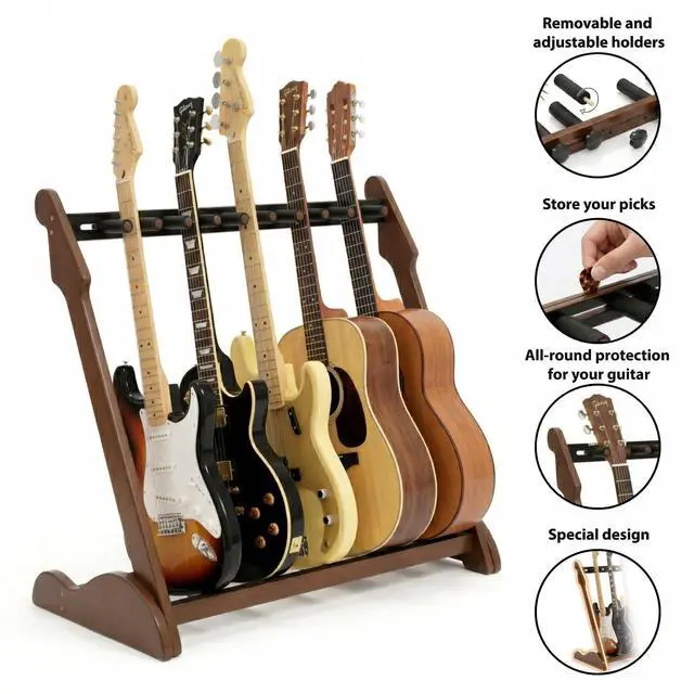 Alt view image 4 of 7 - Bamboo Guitar Rack for Multiple Guitars, Adjustable Multi Guitar Stand Wood | Adjustable Dividers, Soft Padding, Large-Capacity Storage, Holds Acoustic, Electric, Bass Guitars, Cases and Gig Bags