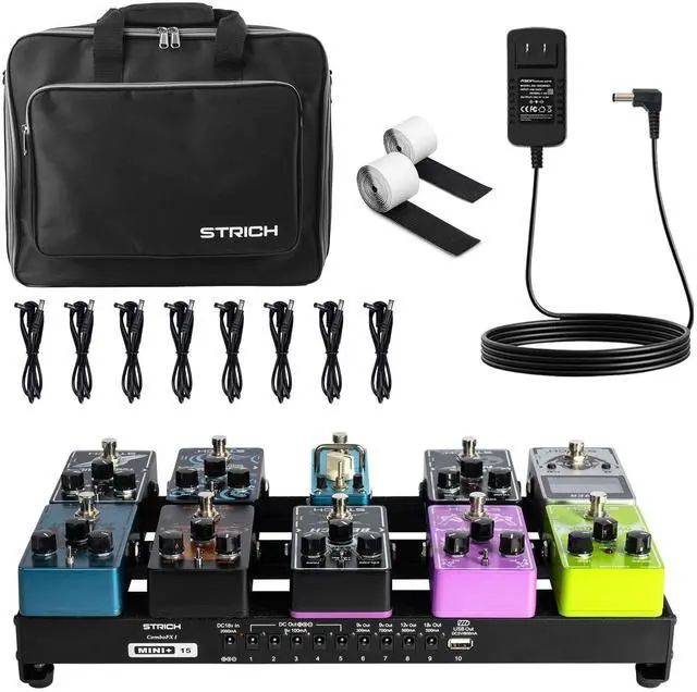 Main image of Pedal Board with Built-in Power Supply, Guitar Pedalboard 15" x 7.8" Lightweight 2.17lb Aluminum Alloy with Pedal Cables, Bag, Hook Loop Strips MINI+ 15