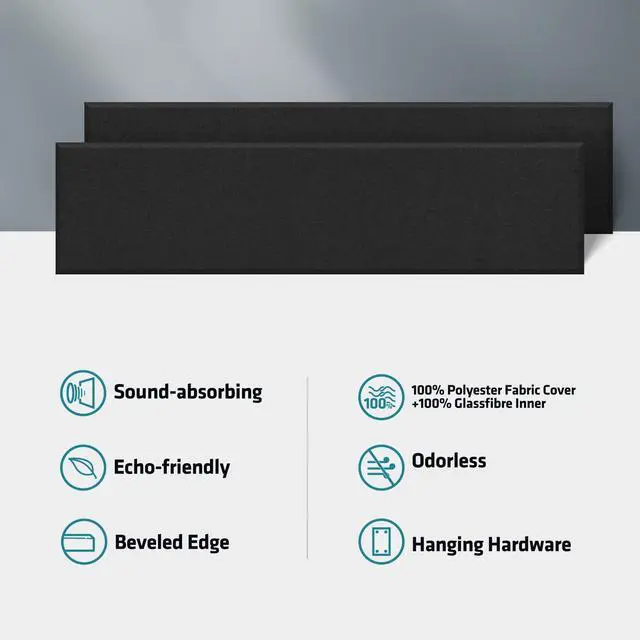 Alt view image 7 of 7 - 2 Thick Acoustic Panels with Hanging Brackets to the Wall, 2 PCS 47.2 x 11.8 Fiberglass Sound Absorbing Panels for Home Theater Church Office Wall or Ceiling, Deep Black