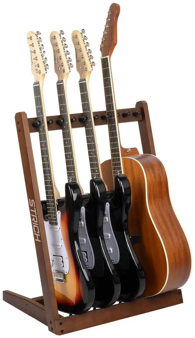 Main image of Wooden Guitar Stand Multiple Guitars, Guitar Rack for 3 Acoustic or 5 Electric Guitars & Basses, Floor Standing Multi Guitar Display for Studio & Home - Protective Padding, SMT-10 (5-Holder)