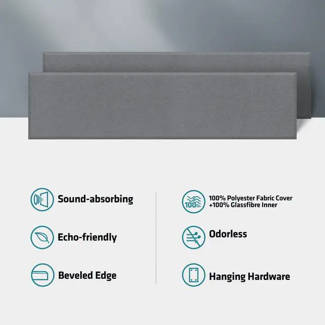 Alt view image 7 of 7 - 2 Thick Acoustic Panels with Hanging Brackets to the Wall, 2 PCS 47.2 x 11.8 Fiberglass Sound Absorbing Panels for Home Theater Church Office Wall or Ceiling, Light Grey