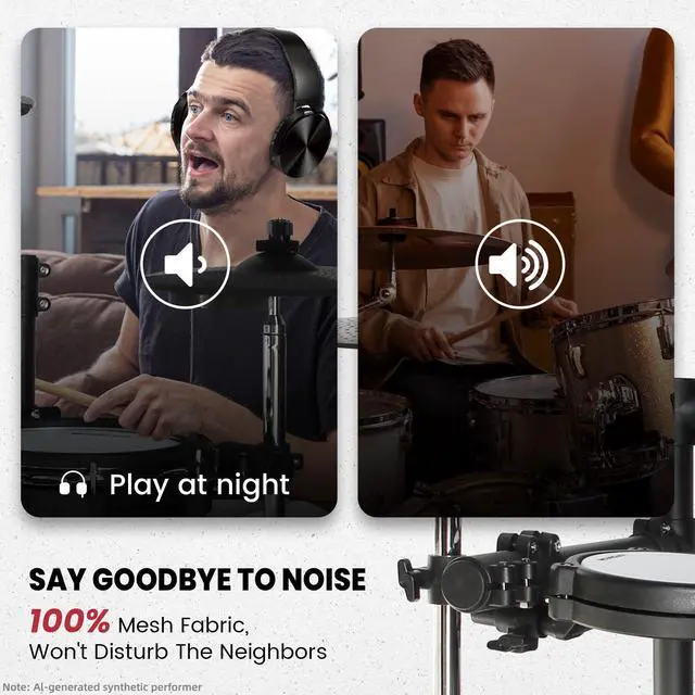 Alt view image 4 of 7 - Electronic Drum Set Electric Drum Kit with 4 Quiet Mesh Pads, 360 Sounds, 2 Pedals, Headphones, Sticks, Dual Bluetooth function, Suit for Beginner