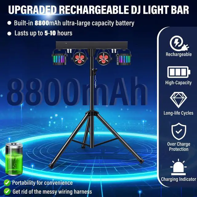 Alt view image 2 of 7 - Rechargeable DJ Lights with Stand Wireless DJ Gig Bar Light Package Battery Powered Sound Activated LED Stage Lighting System with Bag DMX & Remote for Party Club Shows Booth Band Wedding