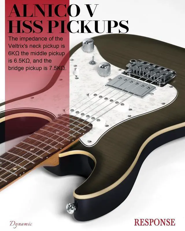 Alt view image 5 of 7 - Solid Body Electric Guitar - Flame Maple Top, HSS Alnico V Pickups with Coil-Split, Roasted Maple Neck, Locking Tuners, Veltrix Series, Obsidian Black