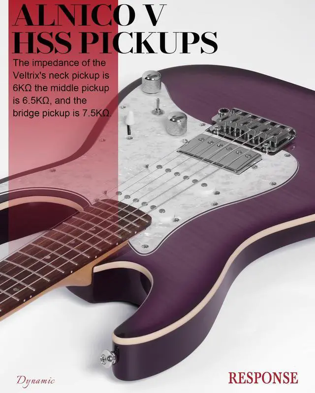 Alt view image 5 of 7 - Solid Body Electric Guitar - Flame Maple Top, HSS Alnico V Pickups with Coil-Split, Roasted Maple Neck, Locking Tuners, Veltrix Series, Violet Venom