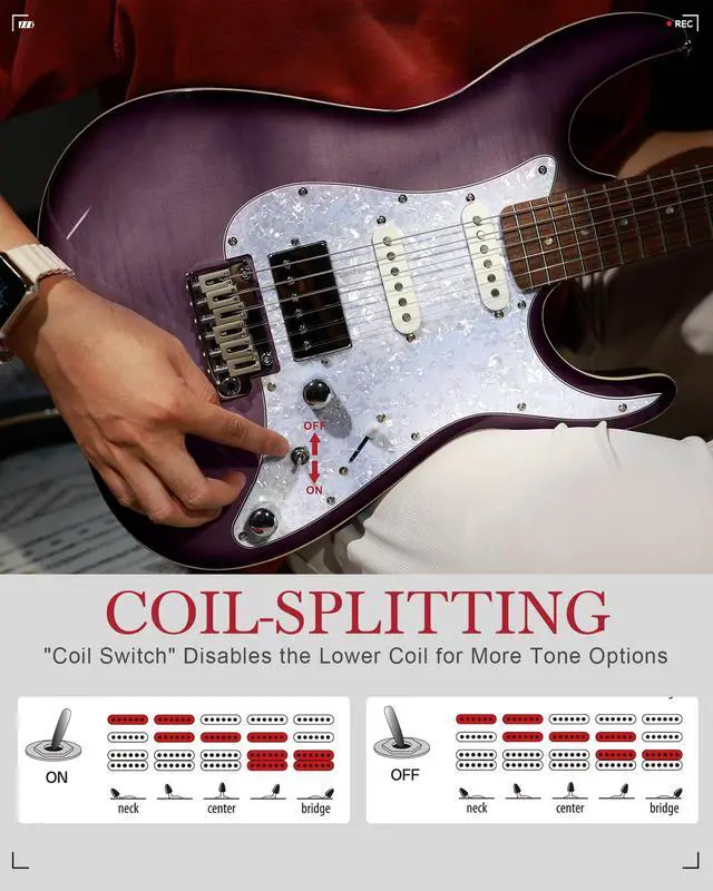 Alt view image 6 of 7 - Solid Body Electric Guitar - Flame Maple Top, HSS Alnico V Pickups with Coil-Split, Roasted Maple Neck, Locking Tuners, Veltrix Series, Violet Venom