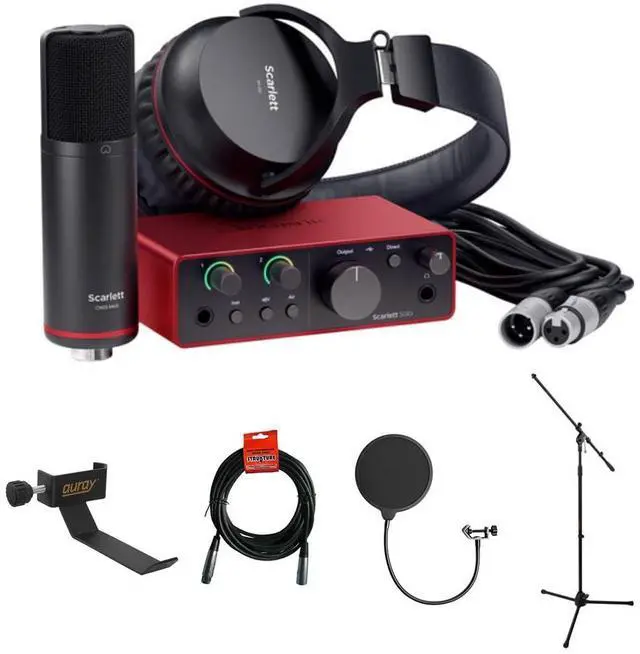 Main image of Focusrite Scarlett Solo Studio USB-C Audio Interface with Microphone and Headphones (4th Generation) Bundle with Clamp On Headphone Holder, Tripod Mic Stand + Boom, Kellopy Pop Filter & XLR Cable