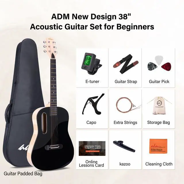 Alt view image 2 of 7 - Acoustic Guitar Kits for Beginners Adults - 38" Steel-String Guitars Bundle with Online Lesson Wooden Bowl Guitarra Starter Set Package with Bag, Strap, Picks, Capos, Kazoo, Black