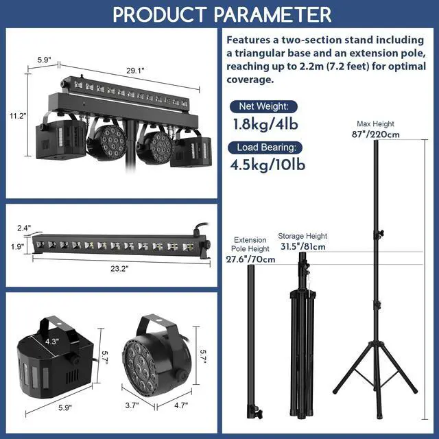Alt view image 4 of 7 - DJ Lights with Stand for Party | All-in-One LED Stage Lighting System for Weddings Club Gig Bar Band Disco Booth Live Show Events | Sound Activated & DMX512 | Portable 7FT Tripod