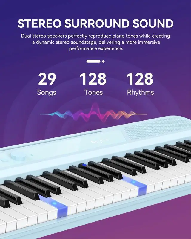 Alt view image 3 of 7 - Smart Piano 61 Key Keyboard for Beginners, Learning Keyboard Piano with 29 Demo Songs, 128 Tones, 128 Rhythms, Built-in LED Lights, Speakers and Music Lessons