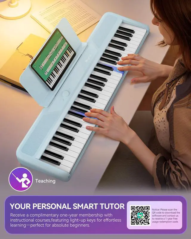 Alt view image 5 of 7 - Smart Piano 61 Key Keyboard for Beginners, Learning Keyboard Piano with 29 Demo Songs, 128 Tones, 128 Rhythms, Built-in LED Lights, Speakers and Music Lessons