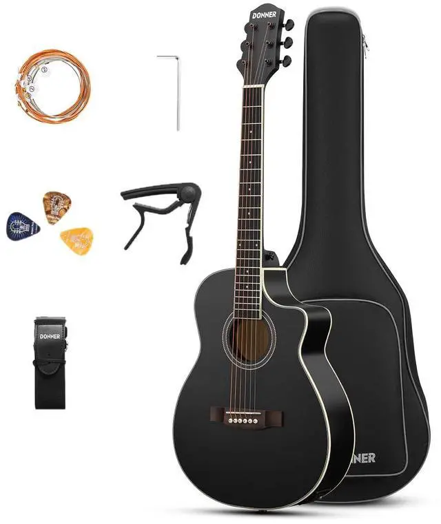 Main image of Voyager Acoustic Electric Guitar Kit, JF Cutaway 3/4 Guitar with Built-in Pickup & Tuner, 3-Band EQ, Portable Travel Guitar Bundle with Gig Bag, Capo, Strap for Beginners-Matte Black