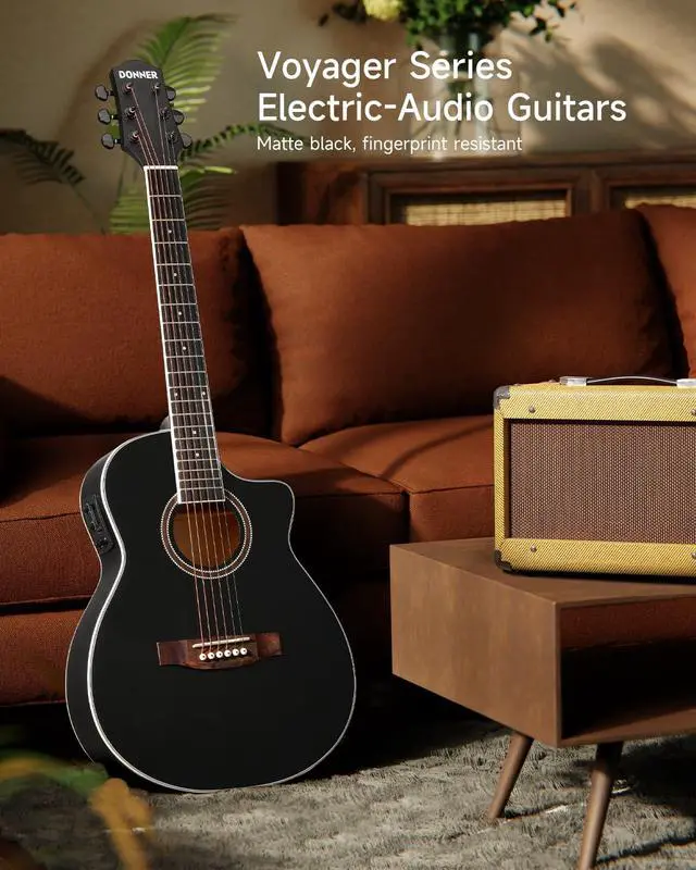 Alt view image 2 of 7 - Voyager Acoustic Electric Guitar Kit, JF Cutaway 3/4 Guitar with Built-in Pickup & Tuner, 3-Band EQ, Portable Travel Guitar Bundle with Gig Bag, Capo, Strap for Beginners-Matte Black