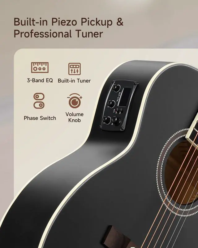 Alt view image 3 of 7 - Voyager Acoustic Electric Guitar Kit, JF Cutaway 3/4 Guitar with Built-in Pickup & Tuner, 3-Band EQ, Portable Travel Guitar Bundle with Gig Bag, Capo, Strap for Beginners-Matte Black