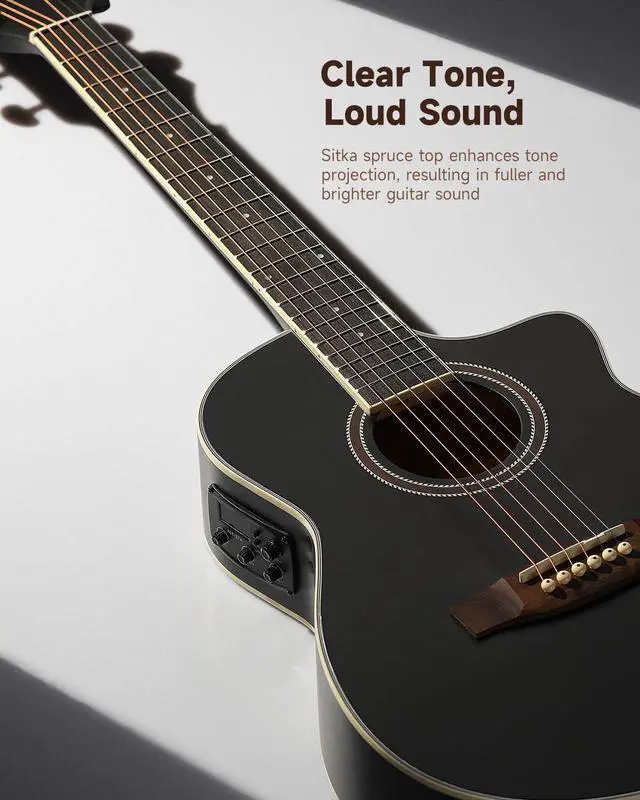 Alt view image 4 of 7 - Voyager Acoustic Electric Guitar Kit, JF Cutaway 3/4 Guitar with Built-in Pickup & Tuner, 3-Band EQ, Portable Travel Guitar Bundle with Gig Bag, Capo, Strap for Beginners-Matte Black