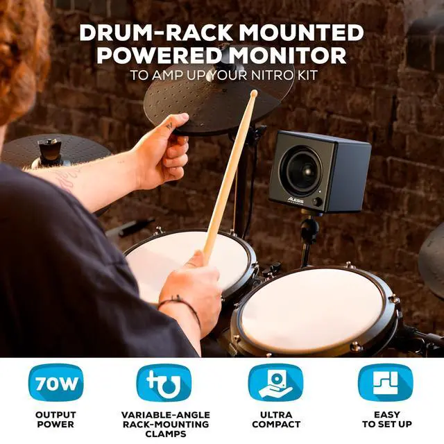 Alt view image 2 of 7 - Nitro Amp 70W 3" Compact Electric Drum Monitor Speaker for Practice and Lessons, Rack-Mountable with Clamps Included
