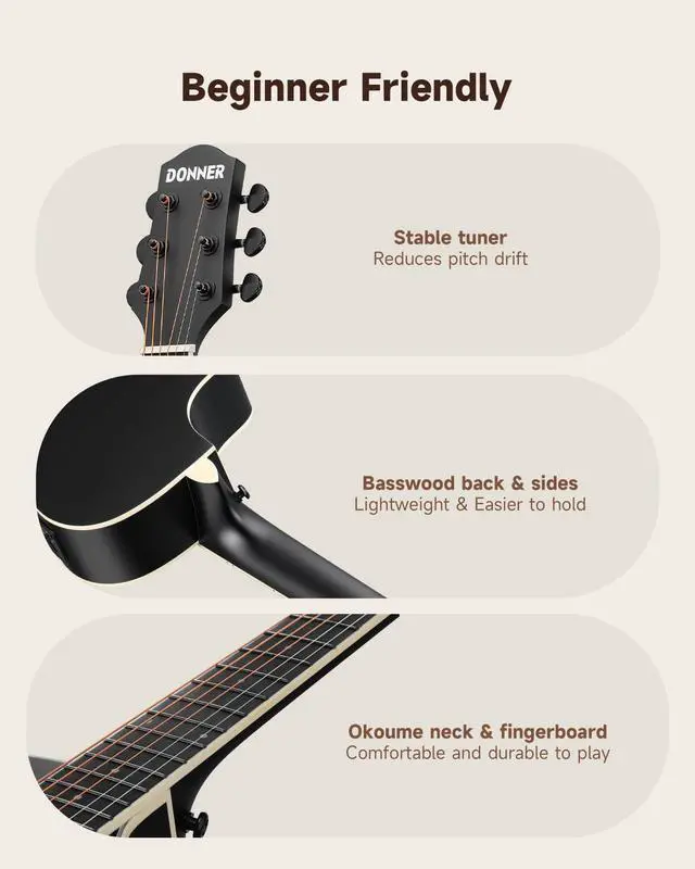 Alt view image 5 of 7 - Voyager Acoustic Electric Guitar Kit, JF Cutaway 3/4 Guitar with Built-in Pickup & Tuner, 3-Band EQ, Portable Travel Guitar Bundle with Gig Bag, Capo, Strap for Beginners-Matte Black