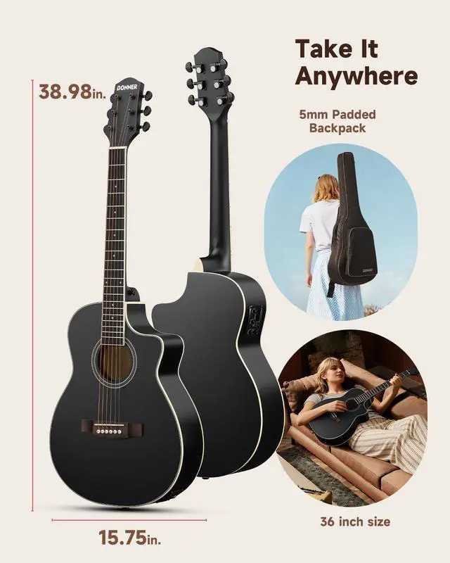 Alt view image 6 of 7 - Voyager Acoustic Electric Guitar Kit, JF Cutaway 3/4 Guitar with Built-in Pickup & Tuner, 3-Band EQ, Portable Travel Guitar Bundle with Gig Bag, Capo, Strap for Beginners-Matte Black