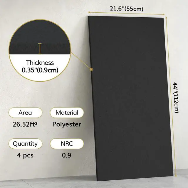 Alt view image 2 of 7 - Large Acoustic Panels Self-Adhesive, 4PCS 44.1" x 21.7" Sound Absorbing Panel, Acoustic Wall Panels for Interior Wall Decor and Recording Studio Acoustical Treatments, Living Room, Office, Black