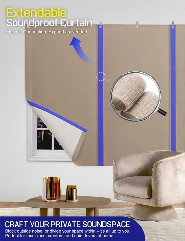 Alt view image 3 of 7 - Soundproof Curtains for Bedroom, Sound Dampening Curtain with Soft Velvet Backing, Acoustic Curtain for Home Office, Studio, Noise Reducing Room Curtain, 70.9 x 39.4 Inch, Linen Beige