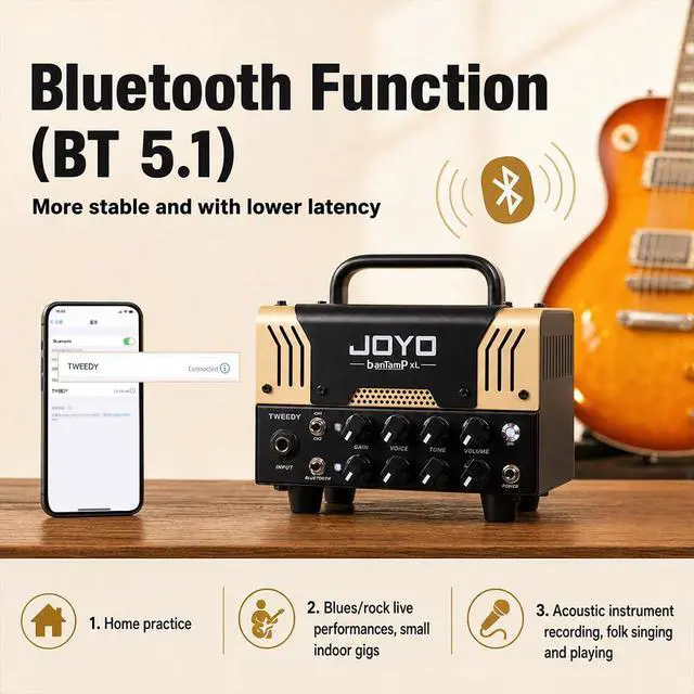 Alt view image 4 of 7 - 20W Guitar Amp Head Dual Channel Hybrid Tube Preamp with 12AX7, Voice Mid Control, FX Loop, Bluetooth Streaming & Headphone Out, Require External 8 Speaker Cab (Tweedy)
