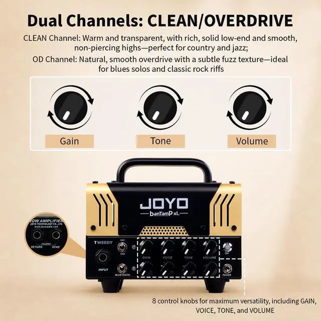 Alt view image 5 of 7 - 20W Guitar Amp Head Dual Channel Hybrid Tube Preamp with 12AX7, Voice Mid Control, FX Loop, Bluetooth Streaming & Headphone Out, Require External 8 Speaker Cab (Tweedy)