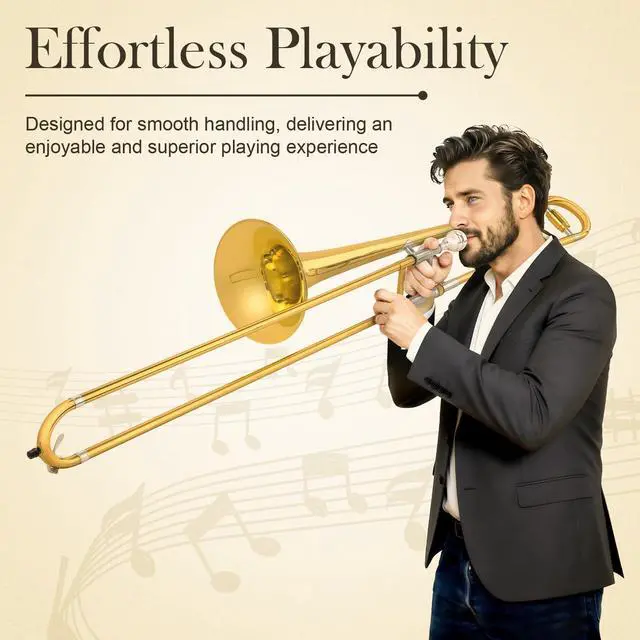 Alt view image 5 of 6 - Bb Alto Slide Trombone for Beginners Students - Gold Lacquer Brass Trombone Full Kit with 7C Mouthpiece, Hard Case, Gloves & Cleaning Kit QTB-01