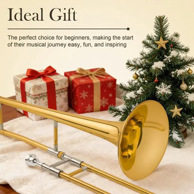 Alt view image 6 of 6 - Bb Alto Slide Trombone for Beginners Students - Gold Lacquer Brass Trombone Full Kit with 7C Mouthpiece, Hard Case, Gloves & Cleaning Kit QTB-01
