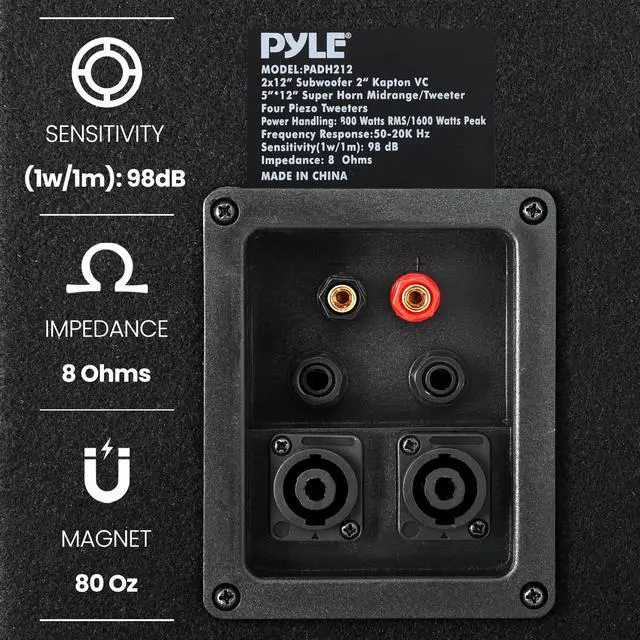 Alt view image 5 of 7 - Portable Cabinet PA Speaker System - 1600 Watt Outdoor Sound System Vehicle Stereo Speakers w/Dual 12" Woofers, 3.4" Piezo Tweeters, 5"x12" Super Horn Midrange, Crossover Network - Pro PADH212