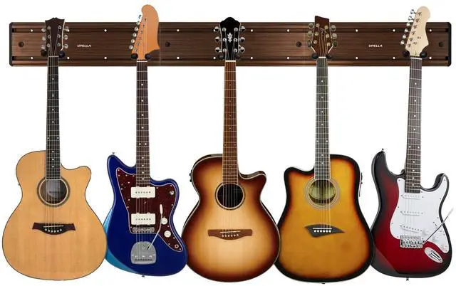 Main image of Guitar Wall Mount Hangers, Holds Multi Guitars, Aluminum Metal Guitar Stand Bass Holder, Wood Grain Base Plate Rack, Adjustable Instruments Display Set for Ukulele Banjo (W48.7in, 5 Hangers)