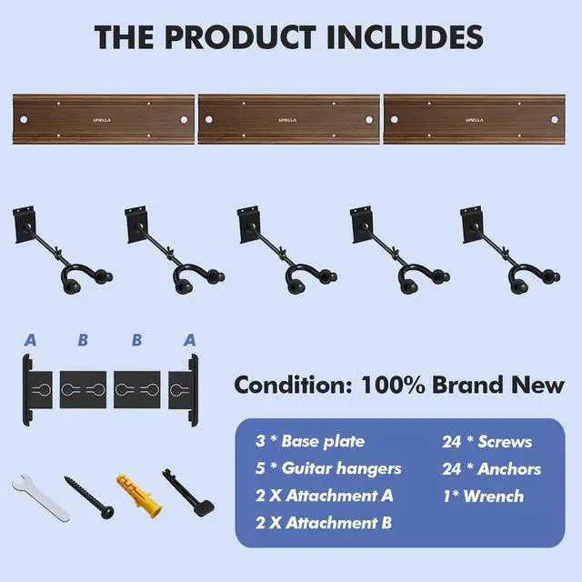 Alt view image 3 of 7 - Guitar Wall Mount Hangers, Holds Multi Guitars, Aluminum Metal Guitar Stand Bass Holder, Wood Grain Base Plate Rack, Adjustable Instruments Display Set for Ukulele Banjo (W48.7in, 5 Hangers)