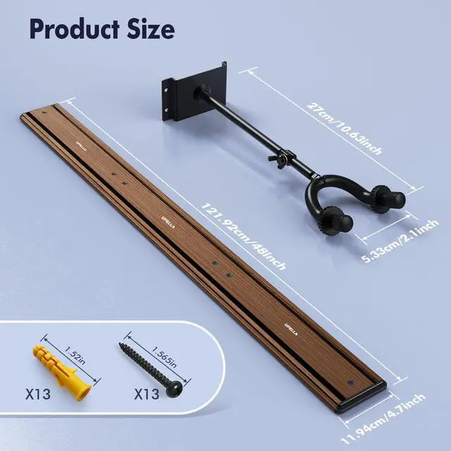 Alt view image 6 of 7 - Guitar Wall Mount Hangers, Holds Multi Guitars, Aluminum Metal Guitar Stand Bass Holder, Wood Grain Base Plate Rack, Adjustable Instruments Display Set for Ukulele Banjo (W48.7in, 5 Hangers)