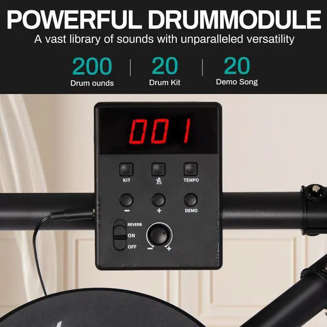 Alt view image 2 of 7 - Electric Drum Set with 4 Quiet Drum Pads,Portable and Solid Drum Set for Beginner with 200 Sounds,2 Switch Pedal,Drum Throne,Drumsticks,Headphones (UAED-403TS)