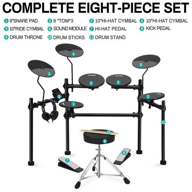 Alt view image 3 of 7 - Electric Drum Set with 4 Quiet Drum Pads,Portable and Solid Drum Set for Beginner with 200 Sounds,2 Switch Pedal,Drum Throne,Drumsticks,Headphones (UAED-403TS)