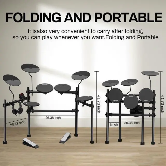 Alt view image 5 of 7 - Electric Drum Set with 4 Quiet Drum Pads,Portable and Solid Drum Set for Beginner with 200 Sounds,2 Switch Pedal,Drum Throne,Drumsticks,Headphones (UAED-403TS)