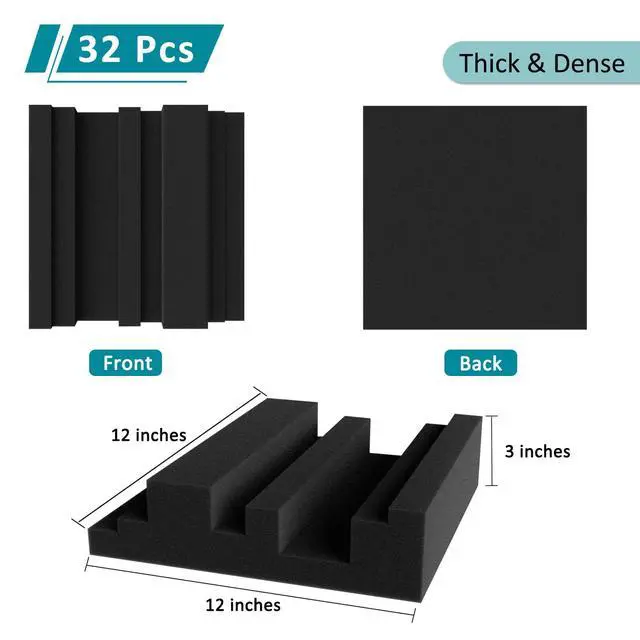Alt view image 2 of 6 - Thickened 12 X 12 X 3 Inch Acoustic Foam Panels in Diffusion Pattern, 32 Pcs High Density Sound Absorbing Foam Diffuser, Soundproof 3D Wall Padding Tiles for Recording Studio Home Office