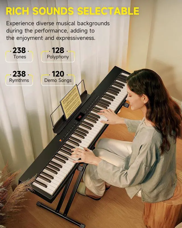 Alt view image 3 of 7 - DEP-05 Digital Piano 88 Key Semi Weighted Velocity-Sensitive Keyboard, Portable Electric Piano Keyboard Set with Detachable X-shaped Stand Pedal Stickers, Gifts for Beginners Women Girls, Black